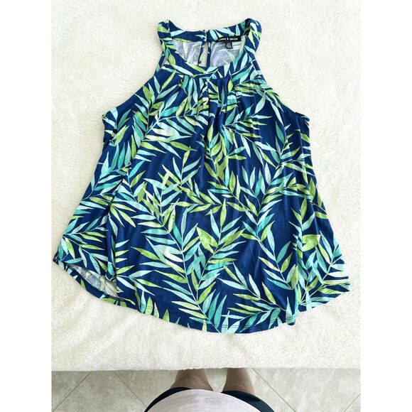 Cable & Gauge Tank Top Size M Blue Green Leaf Print Sleeveless Halter Top - Picture 6 of 10